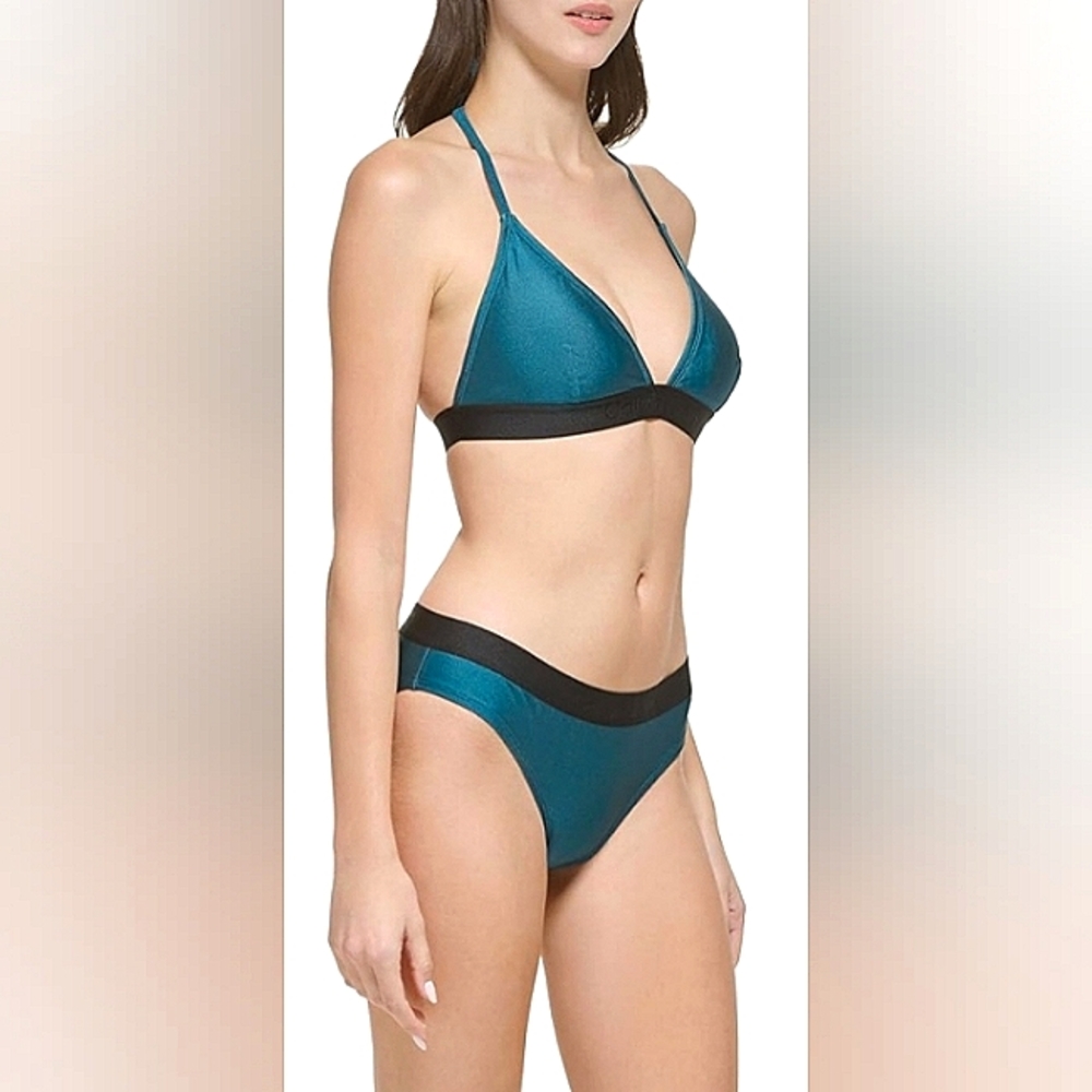 ☆NWT☆CALVIN KLEIN Women's Triangle Cut   Blue Cypress Shimmer Halter Tie Bikini